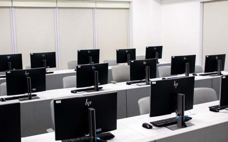 10-education Rows of computers in a classroom technology lab.